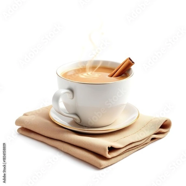 Fototapeta Delicious chai tea latte with cinnamon stick in a white cup on a beige napkin isolated shot