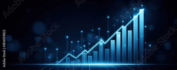 Fototapeta Concept of increasing the ability to scale business growth. A glowing blue graph depicting upward trends against a dark background, symbolizing growth and progress in data or finance.
