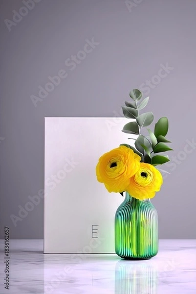 Fototapeta Yellow Ranunculus Flowers in Vase with White Box