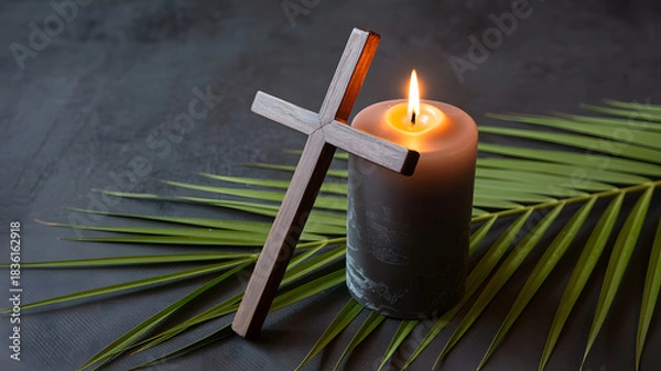 Fototapeta Wooden cross with burning candle and palm leaf symbolizing christian faith
