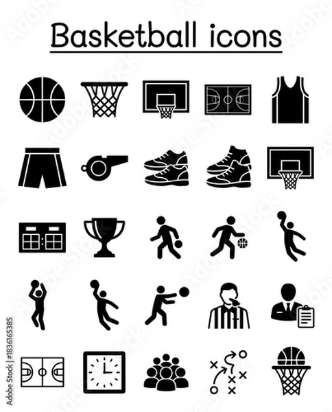 Obraz Basketball Vector Icon Sheet File – Sports Court and Player Silhouette Icons