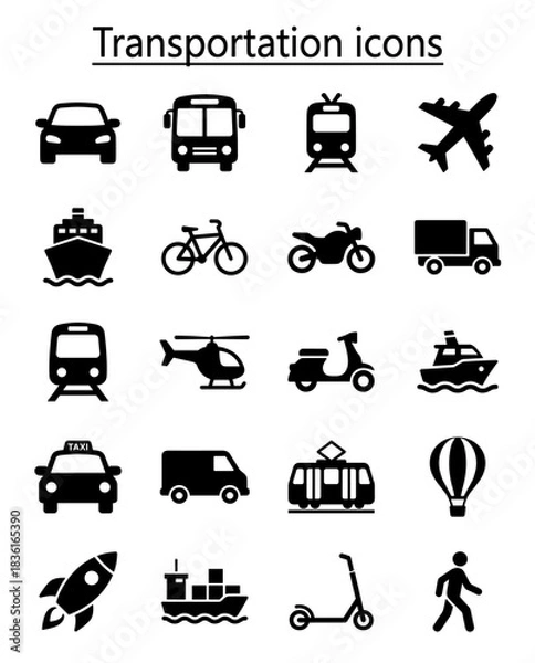 Obraz Transportation Vector Icon Sheet File – Vehicles and Travel Silhouette Icons