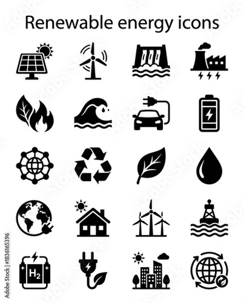 Obraz Renewable Energy Vector Icon Sheet File – Green Power Silhouette Icons