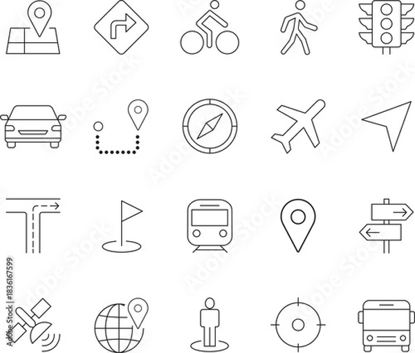Fototapeta Navigation icons collection of line art symbols for maps directions and location services