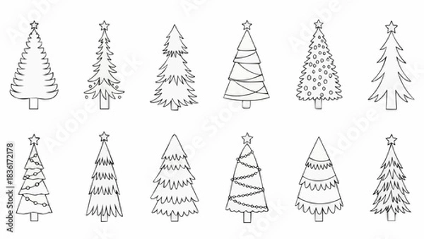 Fototapeta Collection of various hand drawn Christmas tree outline sketches.