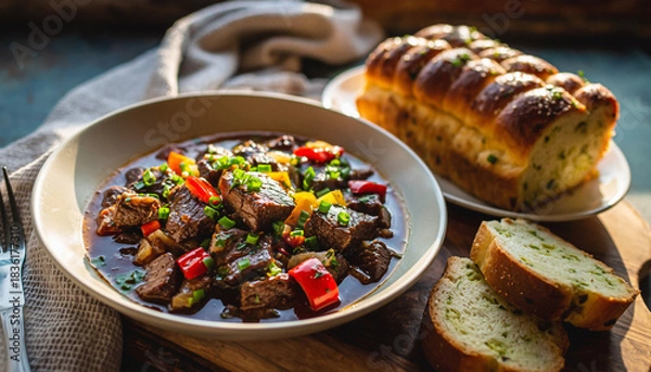 Fototapeta チェコの定番料理　グラーシュ　チェコの代表的な料理で、牛肉と玉ねぎ・パプリカなどの野菜を肉汁で煮込んだシチューのような料理