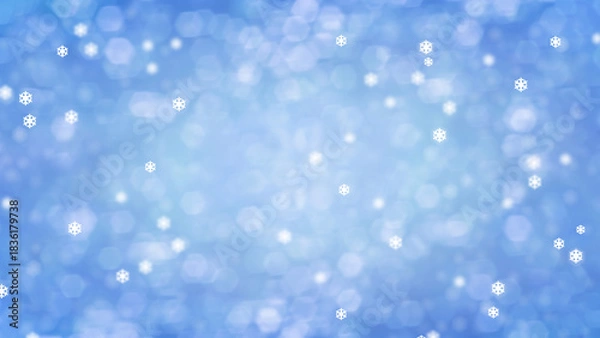 Fototapeta Group of fallen snowflakes with blurred white bokeh on blue background. Image for greeting card representation template concept