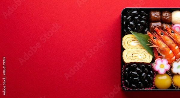 Fototapeta 重箱のおせち料理、めでたい正月の食卓をイメージするフレーム素材（コピースペース・余白・背景・壁紙）
