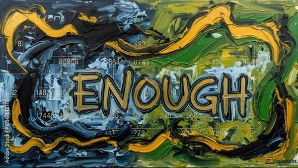 Obraz An abstract expressionist painting. Thick, anxious, dark blue and black brushstrokes clash with confident, flowing strokes of gold and green. Buried within the texture are faint, repeating numerical c