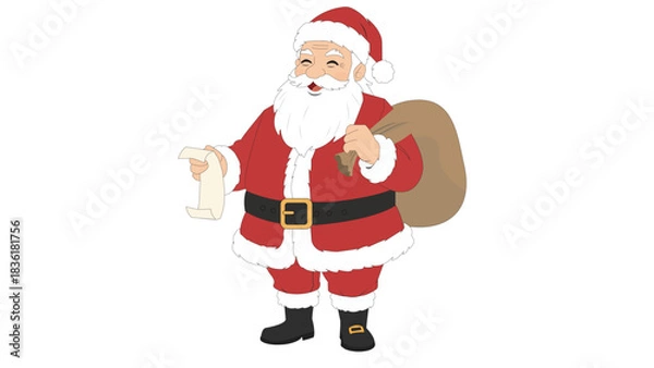 Fototapeta Traditional Santa Claus Full Figure Vector with Gift Bag and Waving Hand