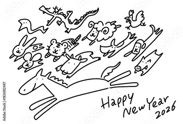 Obraz 干支の馬と一緒に走る十二支の動物達　happy new year 2026 モノクロラインアート