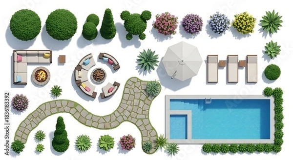 Obraz Top down view of backyard landscape design elements and pool