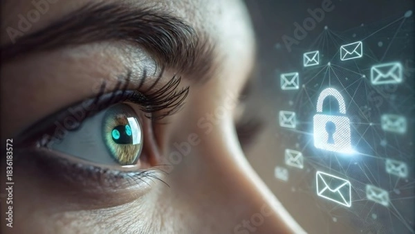 Fototapeta Eye reflecting digital padlock and glowing email symbols