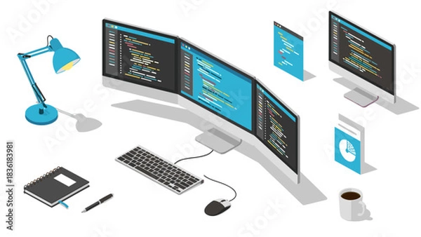 Obraz Modern workspace isometric design with computer monitors and programming code