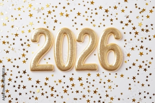 Fototapeta 2026 number in gold glitter text on a white background, surrounded by golden stars confetti. Copy space for design