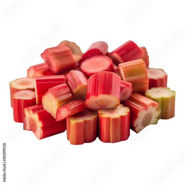 Fototapeta Freshly cut rhubarb pieces on transparent backdrop ideal for healthy cooking and seasonal fruit based advertisements