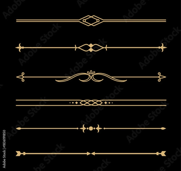 Fototapeta Set of Vintage decorative golden lines. text dividers. Gold line border. Lines separators, Borders, Vintage dividers, Underline elements. Vector illustration