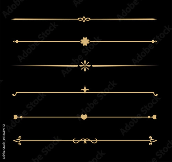 Fototapeta Set of Vintage decorative golden lines. text dividers. Gold line border. Lines separators, Borders, Vintage dividers, Underline elements. Vector illustration
