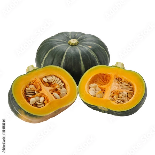 Fototapeta Japanese kabocha squash and its cross section isolated on transparent background used for food ingredients and healthy recipes