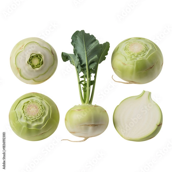 Fototapeta Kohlrabi whole and sliced raw vegetables isolated on transparent background healthy vegan food ingredients realistic detailed illustration
