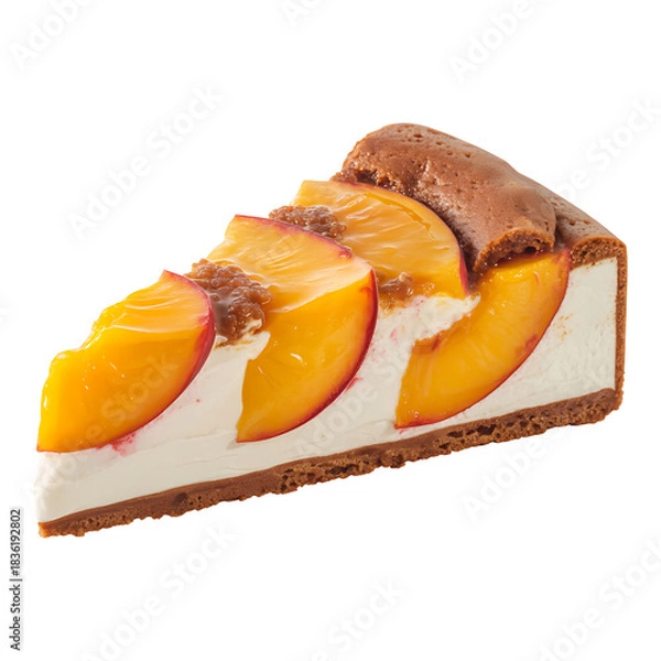 Fototapeta Piece of peach cheesecake on transparent surface presenting creamy filling and juicy topping ideal for dessert or bakery product
