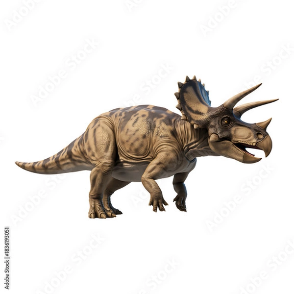 Fototapeta Realistic triceratops dinosaur walking with open mouth on transparent background side view for scientific paleontology design