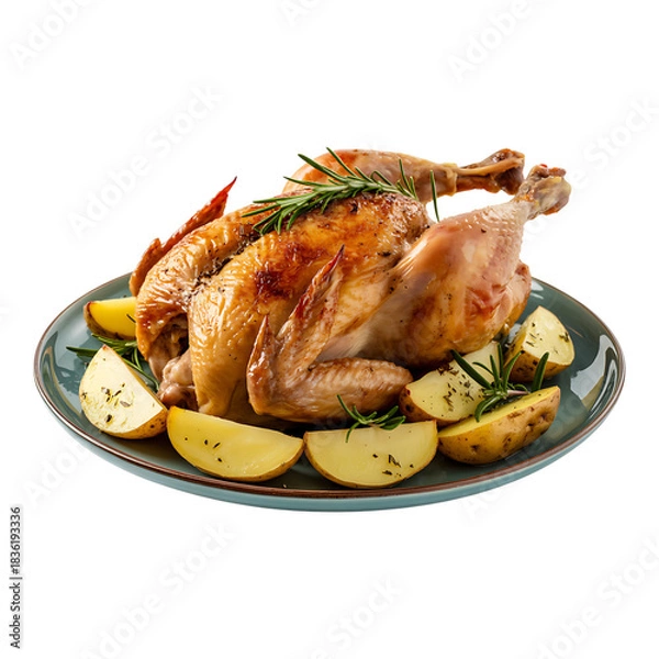 Fototapeta Roasted chicken with rosemary and potatoes on plate complete protein source ready to eat meat poultry dish perfect for healthy diet 