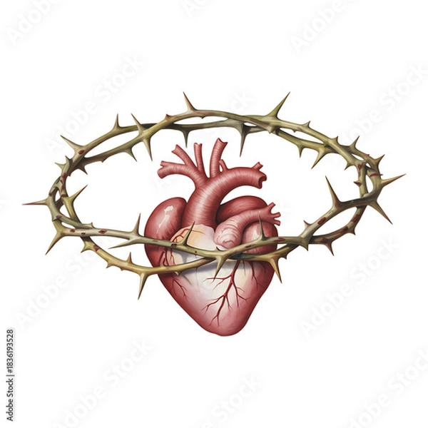 Fototapeta Sacred heart of jesus art with crown of thorns antique religious symbol illustration isolated on transparent background for design element