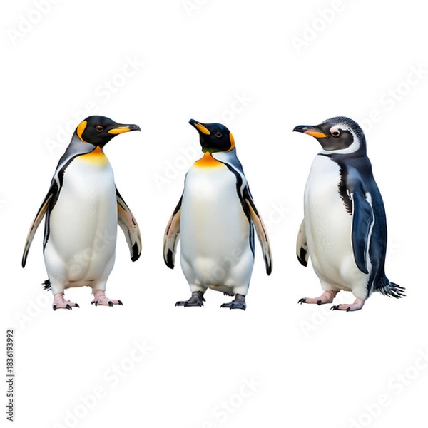 Fototapeta Three Penguins Standing Side by Side Facing Different Directions with Black and White Feathers on Transparent Background