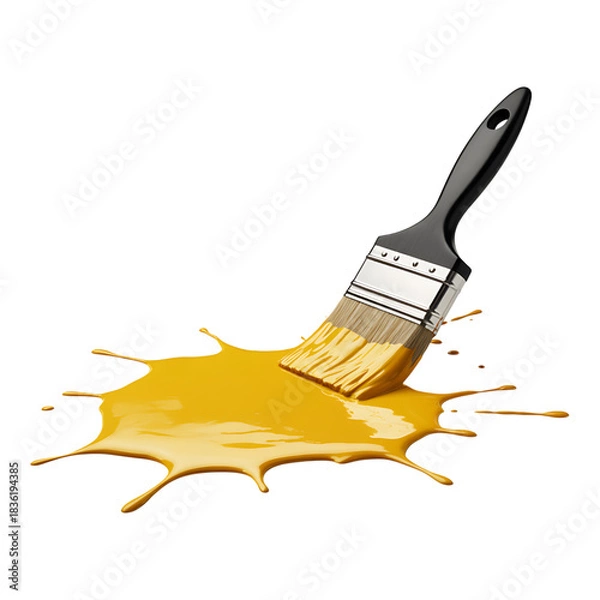 Fototapeta Yellow paint splashing with brush on transparent background for artistic creations or renovation projects and art concepts