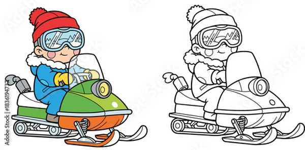 Fototapeta Cute boy riding a snowmobile Vector cartoon illustration for coloring book Happy kid driver on snow scooter wearing winter clothes and goggles Black and white outline included.
