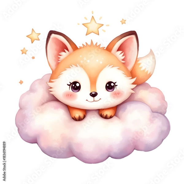 Obraz Kawaii Cloud-Shaped Animal Watercolor Clipart – Pastel Cute Cloud Panda, Bunny, Hedgehog, Owl, Fox, Seal, Kitten, Lamb, Elephant & Penguin – Soft Fluffy Pastel Creatures PNG