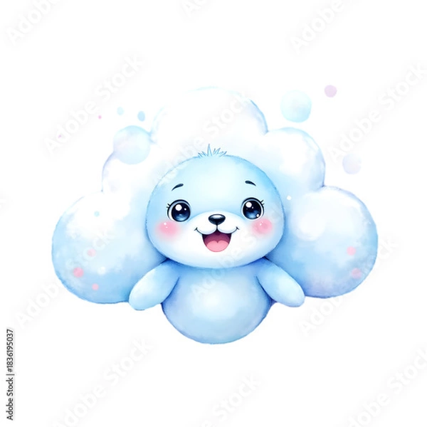 Obraz Kawaii Cloud-Shaped Animal Watercolor Clipart – Pastel Cute Cloud Panda, Bunny, Hedgehog, Owl, Fox, Seal, Kitten, Lamb, Elephant & Penguin – Soft Fluffy Pastel Creatures PNG