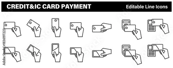 Obraz カード,クレジットカード,ICカードで決済する編集可能な線画イメージイラストアイコンセット