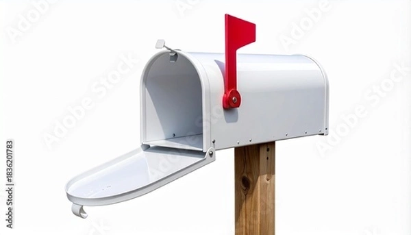 Fototapeta White mailbox with raised red flag on wooden post