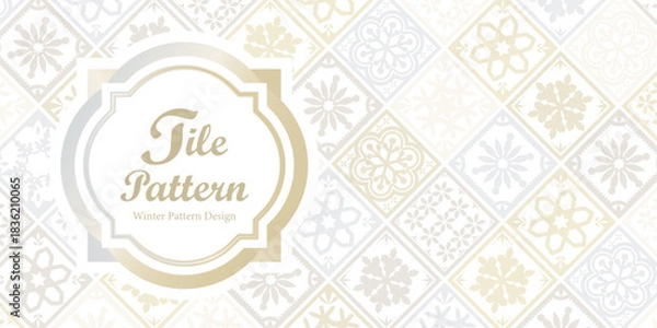 Obraz 冬のタイルパターン背景 ゴールドとアイシーグレーの雪の結晶デザイン | ベクター素材 バナー カード コピースペース