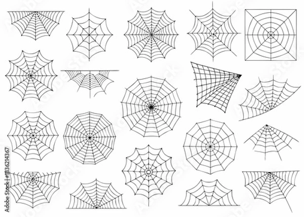Fototapeta Collection of hand drawn spider webs in various shapes and sizes