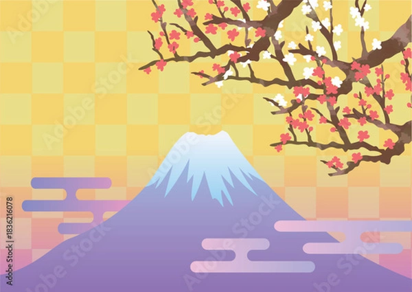 Fototapeta 富士山と紅白梅の背景 eps