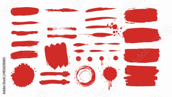Fototapeta Red grunge brushstroke vector pack with long, short, and rounded ink strokes, splashes, frames, and circles. Bold bloody red color with rough hand-painted texture for posters, vector 