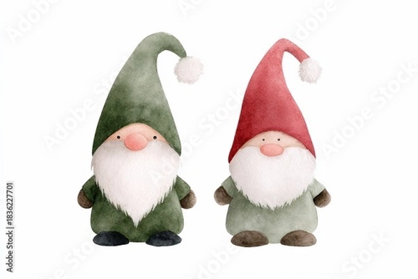 Obraz Two Christmas gnomes in watercolor on white