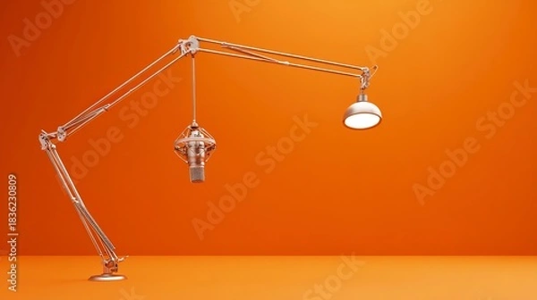 Fototapeta A silver microphone hangs from an articulated arm with a light bulb on an orange surface