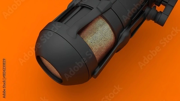 Fototapeta A sleek, modern black microphone with a gold mesh detail sits on an orange background