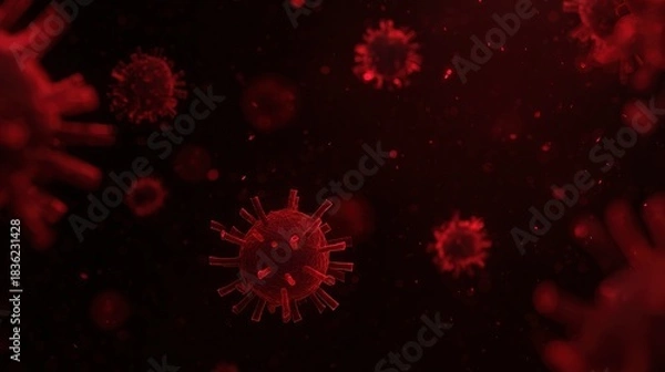 Fototapeta Microscopic view of red coronavirus particles floating in the dark