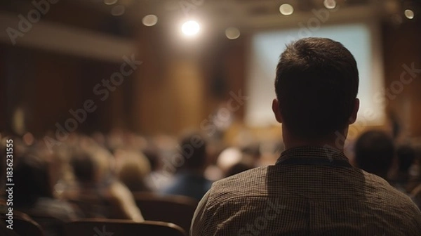 Fototapeta Man with short dark hair listens from behind in a crowded conference hall