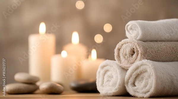 Fototapeta Rolled spa towels and lit candles create a serene and relaxing atmosphere