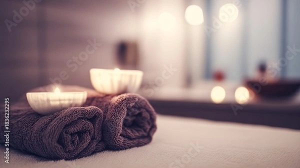 Fototapeta Two lit candles rest on soft, rolled towels in a spa setting