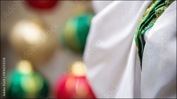 Fototapeta Closeup of ornate fabric with festive ornaments in the background
