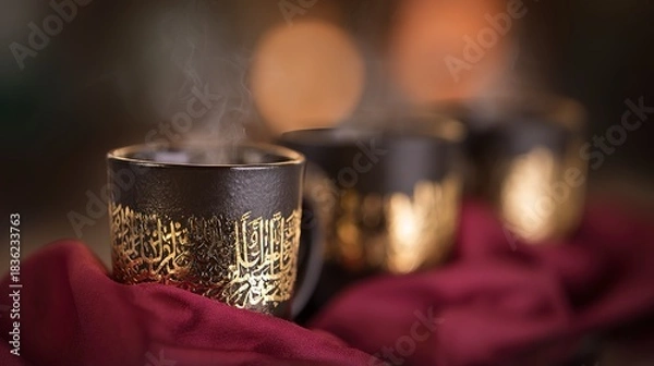 Fototapeta Three ornate arabic coffee cups with steam rising, set on a red cloth