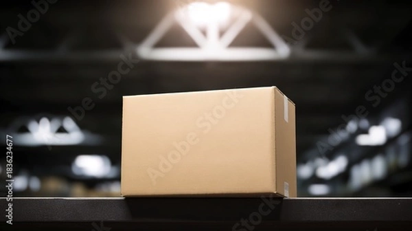 Fototapeta A single cardboard box sits on a shelf in a dimly lit warehouse
