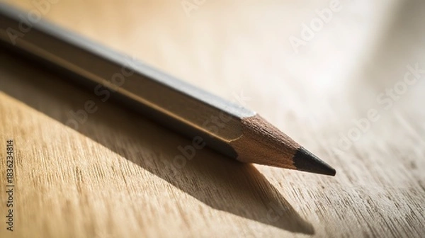 Fototapeta A sharp graphite pencil rests on a textured wooden surface
